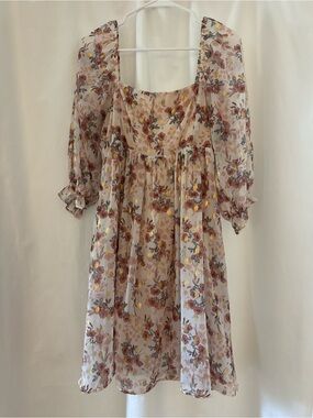 Floral Puff-Sleeve Mini Dress in Cream and Pink